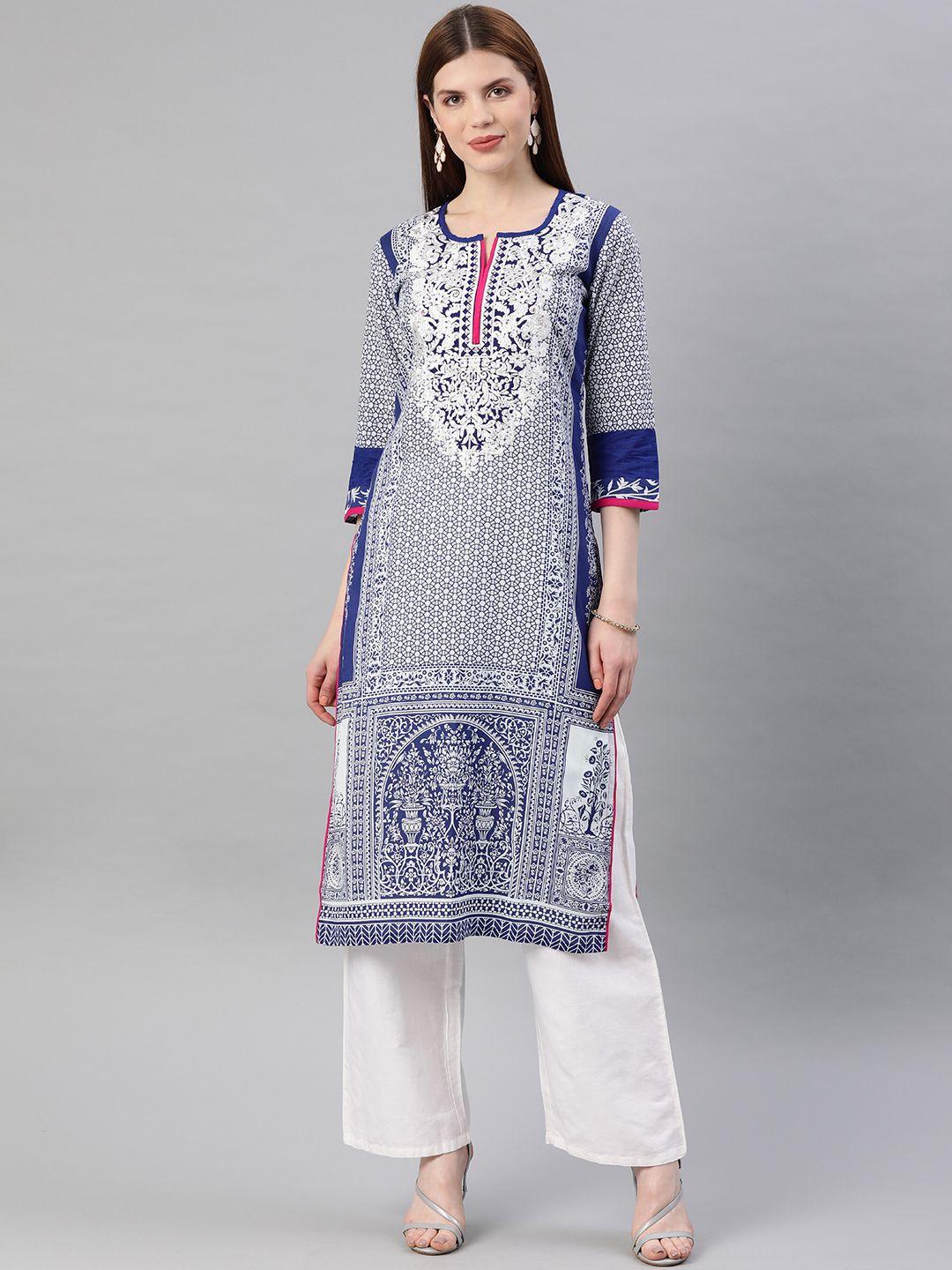 geroo jaipur blue embroidered  straight cotton sustainable kurta