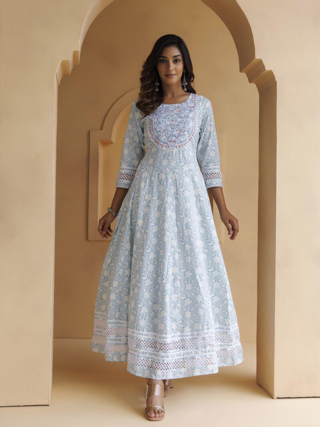 geroo jaipur blue floral embroidered a-line maxi dress