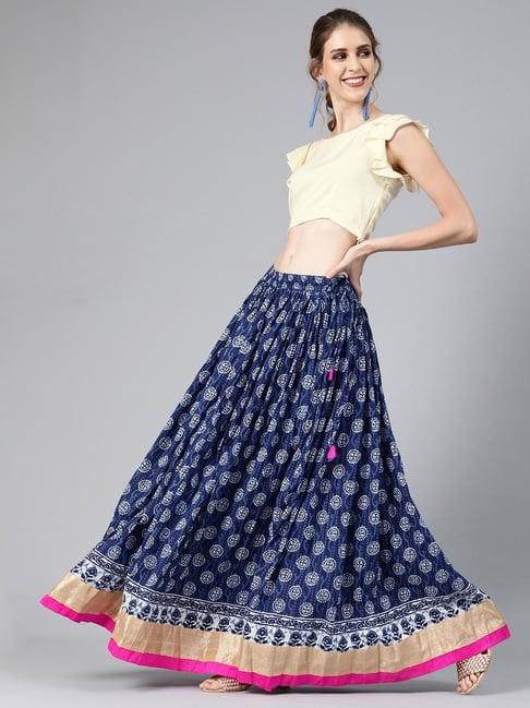 geroo jaipur blue hand block printed pure cotton skirt with white crop top