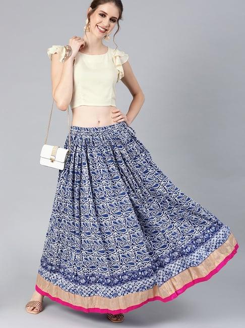 geroo jaipur blue hand block printed pure cotton skirt with white crop top