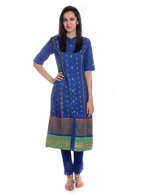 geroo jaipur blue hand embroidered straight pure cotton kurta