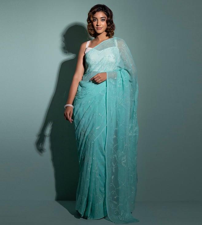 geroo jaipur blue handcrafted sequins jaal pure chiffon saree