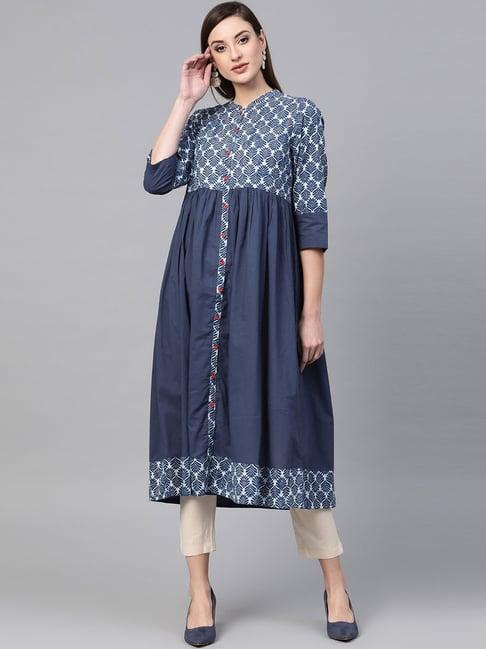 geroo jaipur blue indigo hand block printed pure cotton kurta