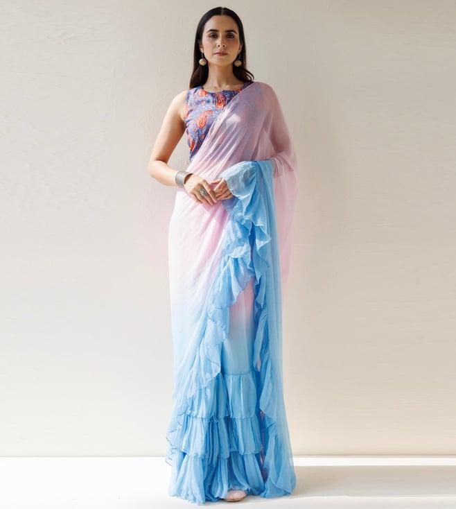 geroo jaipur blue-pink pleated ombre chiffon saree