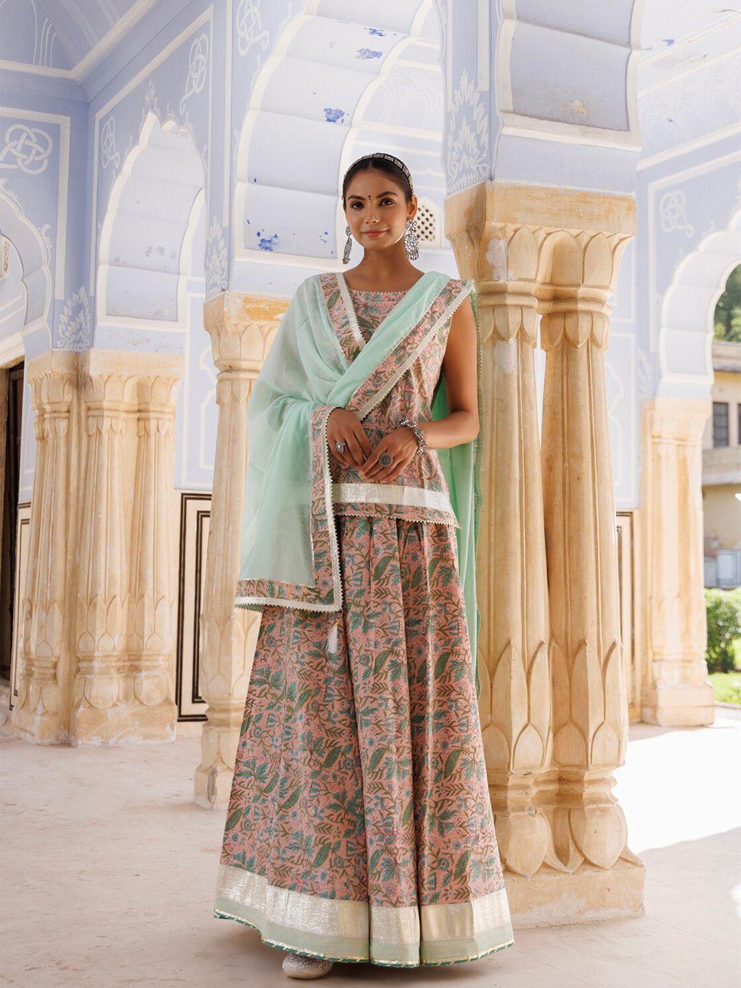 geroo jaipur embellished block print cotton ready to wear lehenga & blouse with dupatta