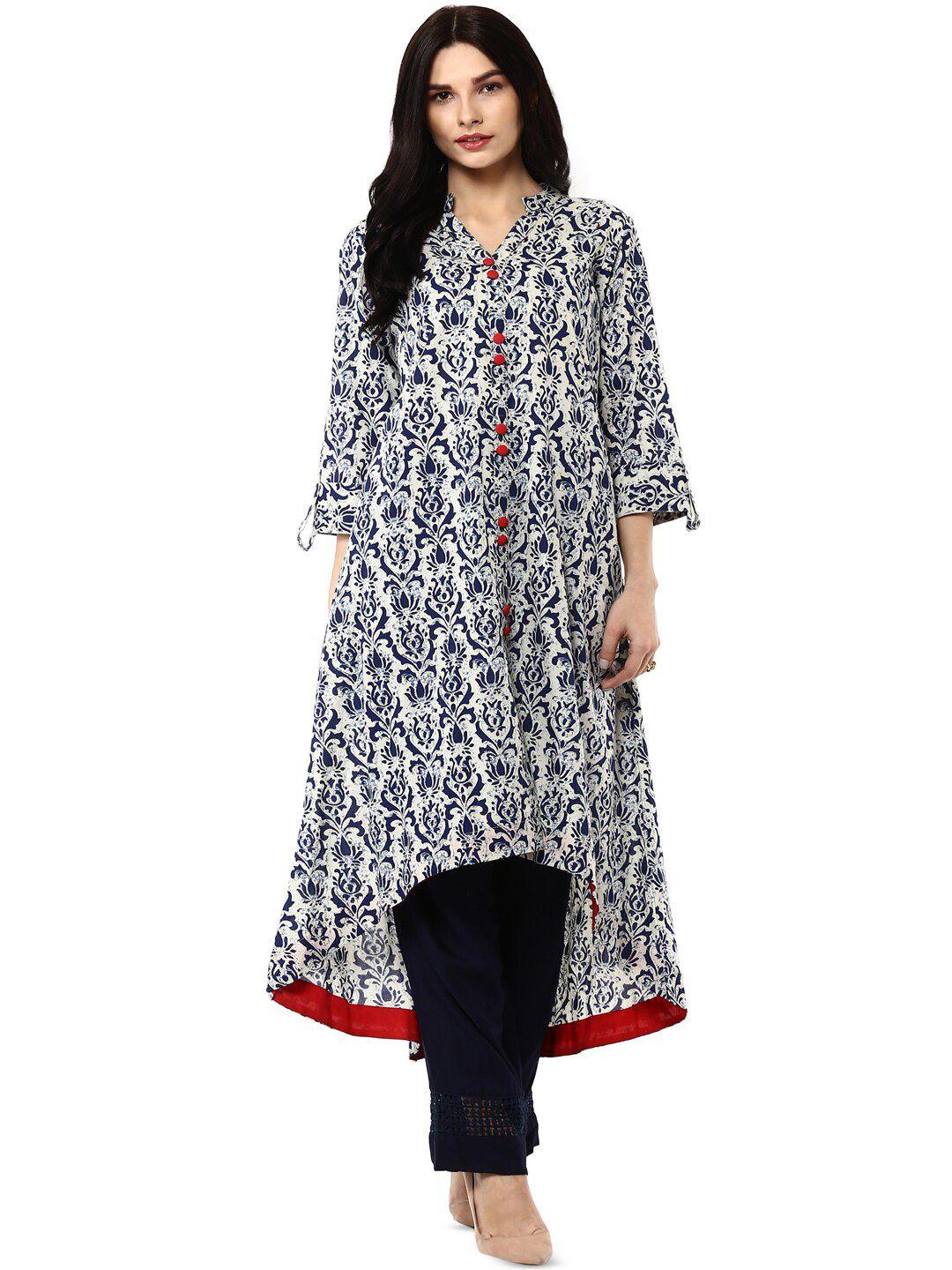 geroo jaipur ethnic motifs printed mandarin collar roll-up sleeves a-line cotton kurta