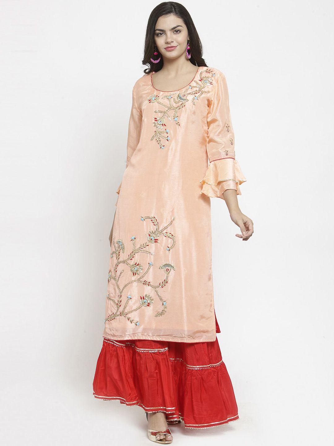 geroo jaipur floral embroidered bell sleeves zardozi straight kurta with sharara