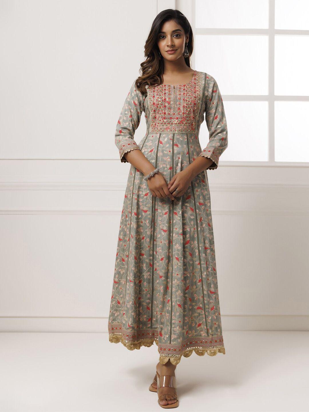 geroo jaipur floral printed embroidered cotton fit & flare ethnic dress