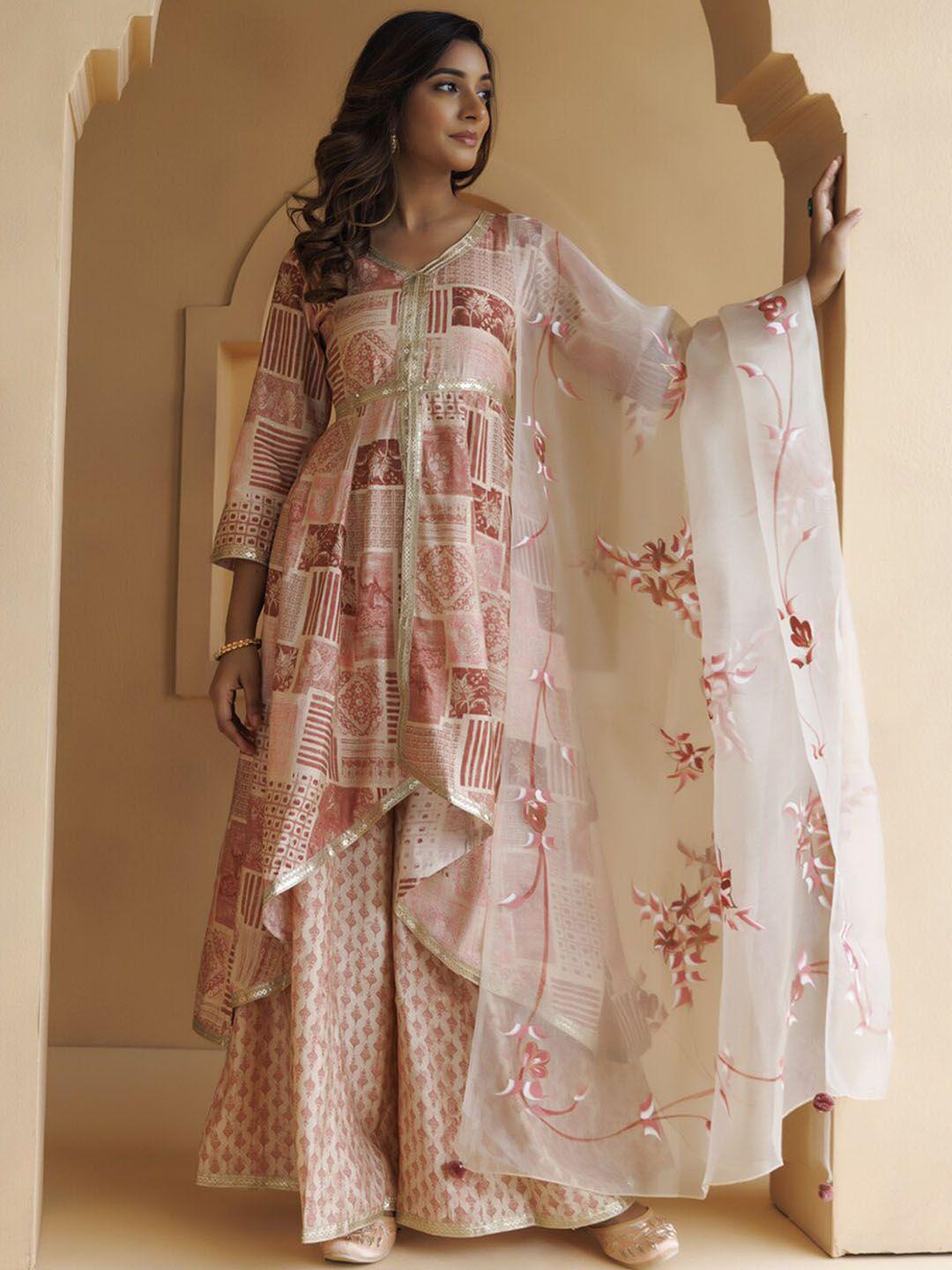 geroo jaipur floral printed gotta patti chanderi silk kurta with palazzos & dupatta