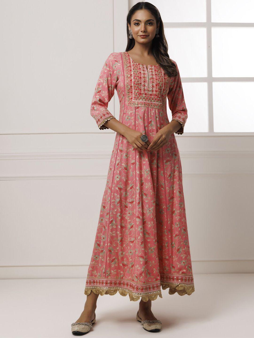 geroo jaipur floral printed round neck embroidered pure cotton a-line midi ethnic dress