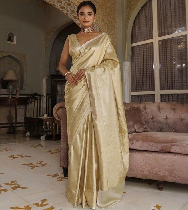 geroo jaipur golden banarasi handwoven tissue saree with zari work