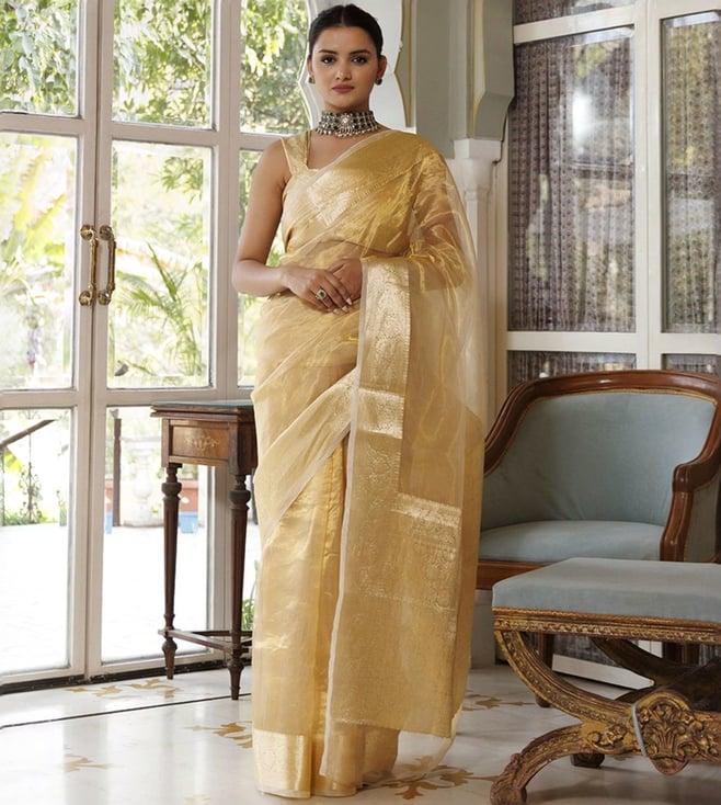 geroo jaipur golden banarasi handwoven zari tissue saree