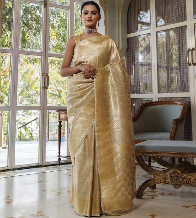 geroo jaipur golden handwoven banarasi silk zari saree