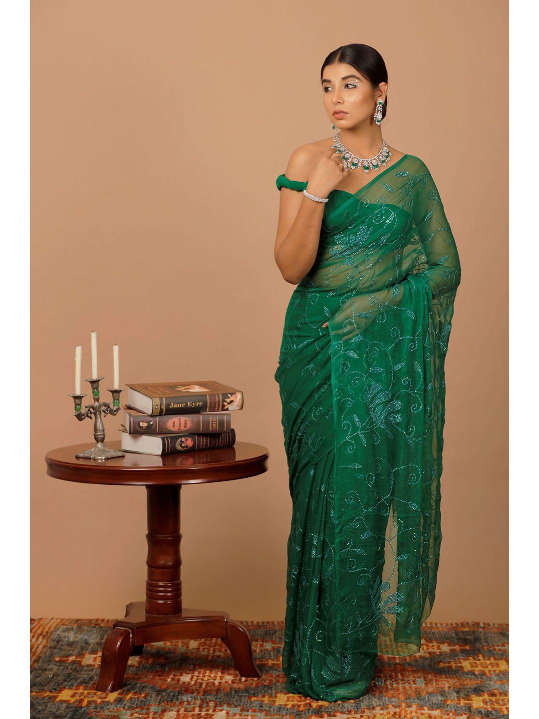 geroo jaipur green & blue floral sequinned pure chiffon heavy work saree