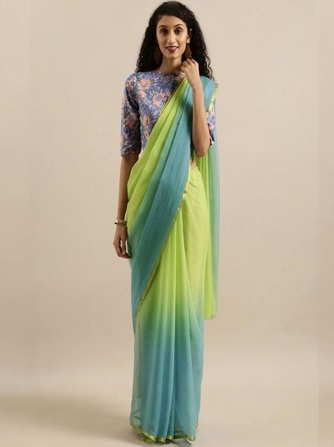 geroo jaipur green & blue shaded hand-dyed chiffon saree with hand block printed blouse