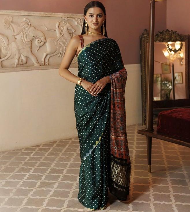 geroo jaipur green & rust bandhani silk saree with ajrakh zari pallu