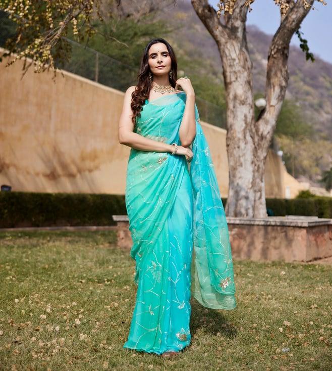 geroo jaipur green-blue shaded hand embroidered jaal chiffon saree