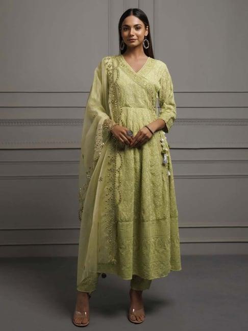 geroo jaipur green georgette handcrafted angrakha kurta and pant with organza dupatta