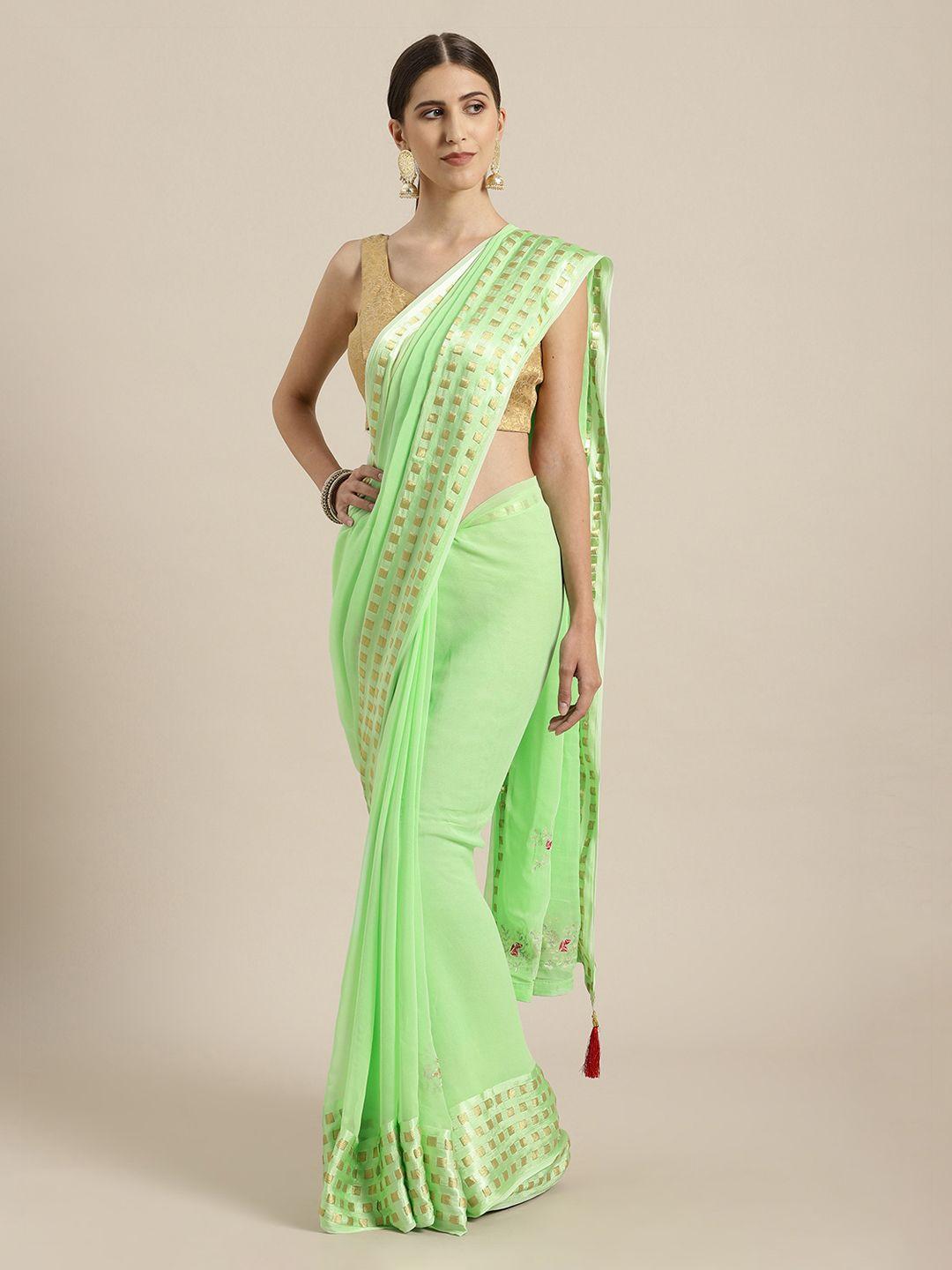 geroo jaipur green hand embroidered georgette sustainable saree