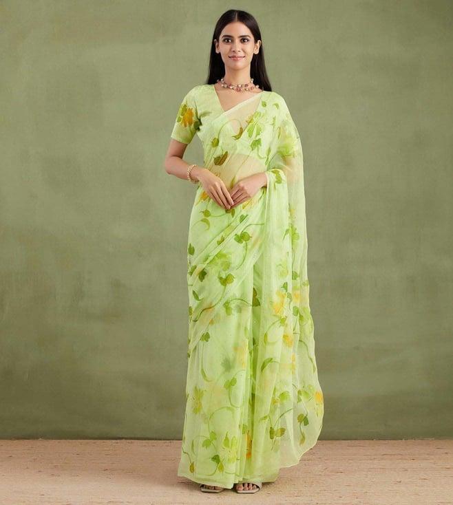 geroo jaipur green hand painted mukaish chiffon saree