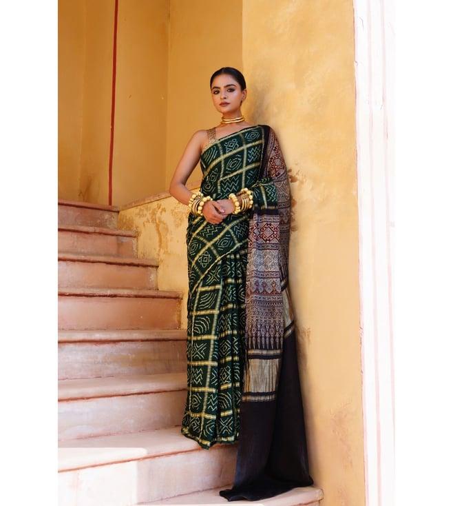 geroo jaipur green pure bandhani gharchola zari silk saree with ajrakh pallu