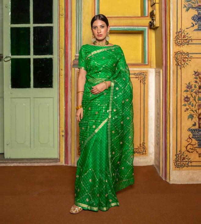 geroo jaipur green pure kota silk hand dyed leheriya mothra saree