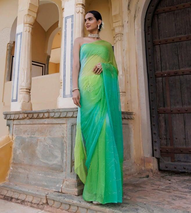 geroo jaipur green shaded mukaish jaal hand embroidered chiffon saree with blouse