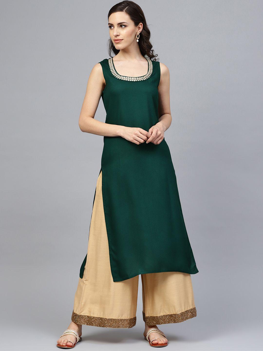 geroo jaipur green sleeveless straight rayon kurta