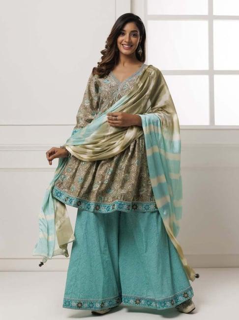 geroo jaipur grey & blue printed kurta and pant with chiffon leheriya dupatta