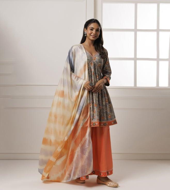 geroo jaipur grey & peach printed kurta and pant with chiffon leheriya dupatta