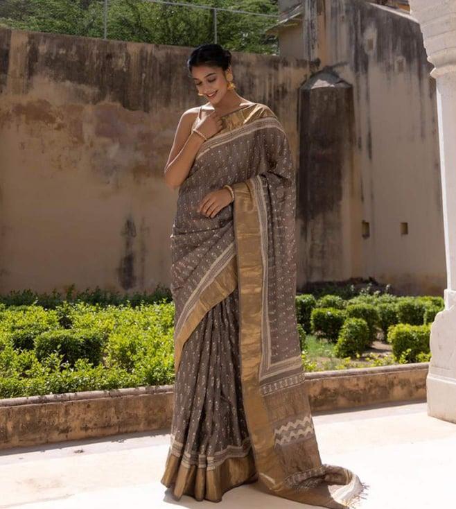 geroo jaipur grey hand block printed pure tussar silk zari woven saree