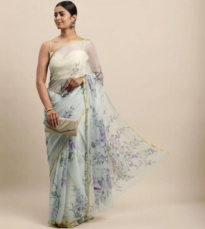 geroo jaipur grey hand painted floral chiffon saree