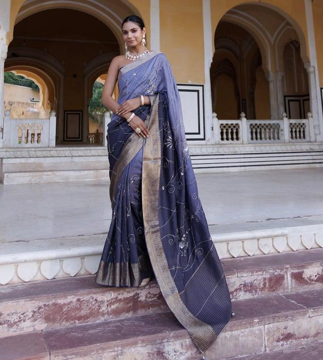 geroo jaipur grey shaded silk banarasi hand-embroidered saree