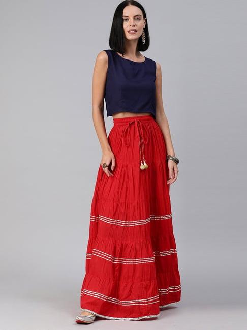 geroo jaipur hand crafted flared red pure cotton skirt with blue crop top