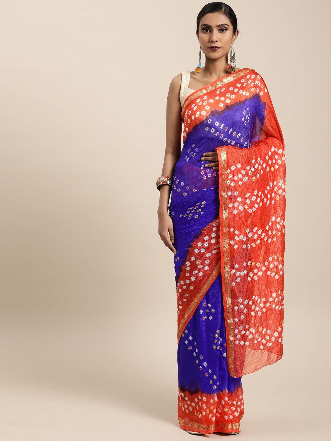 geroo jaipur hand dyed blue & orange bandhani silk  sustainable saree