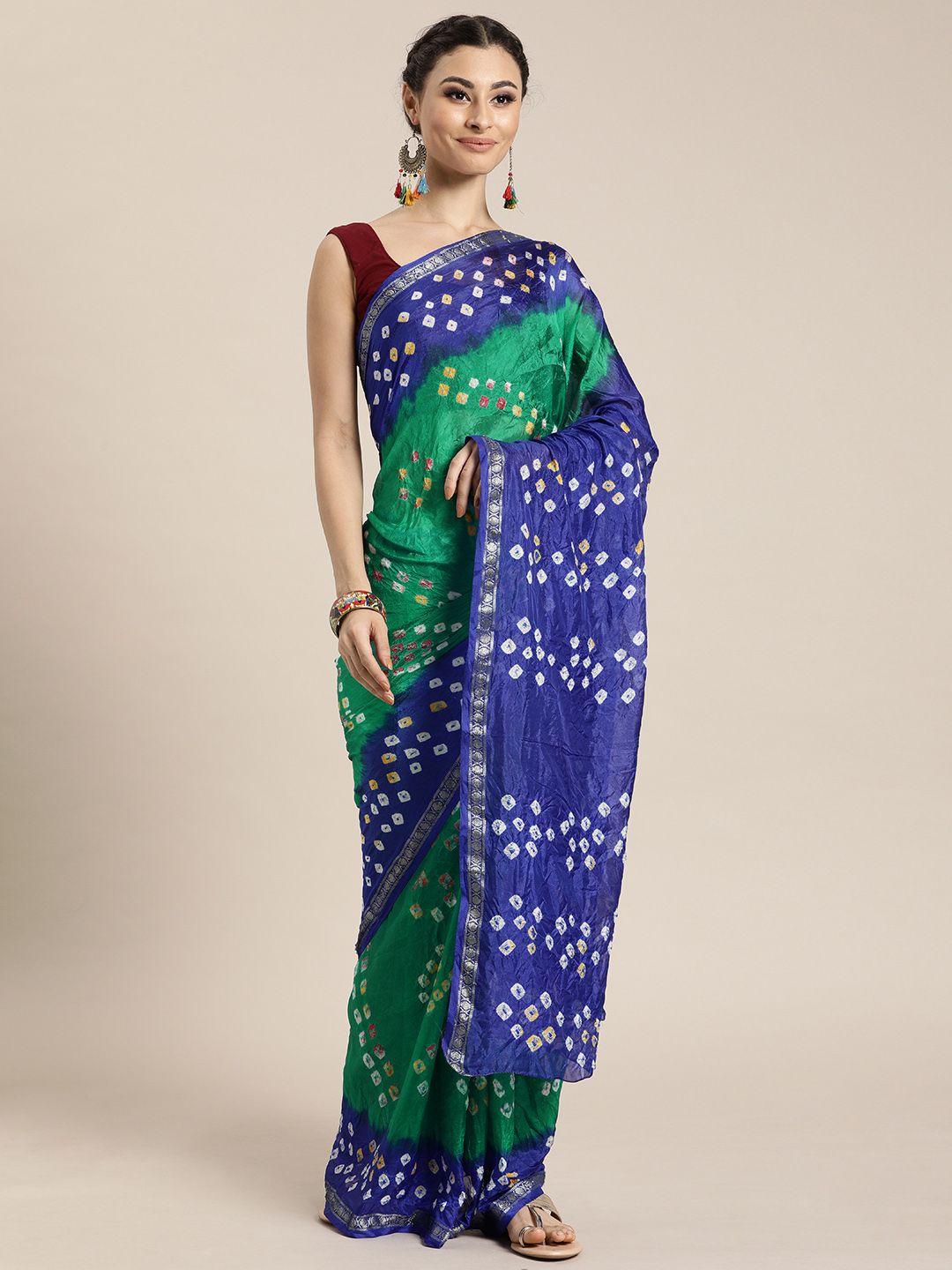geroo jaipur hand dyed green & blue bandhani silk  sustainable saree