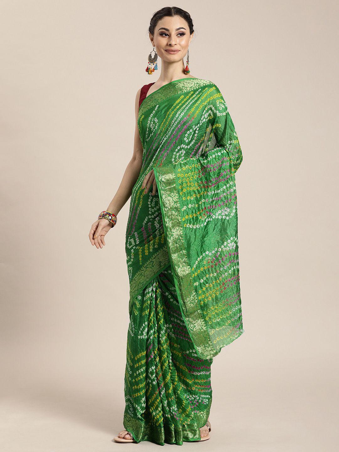geroo jaipur hand dyed green bandhani silk  sustainable saree