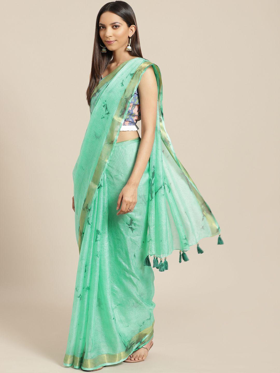 geroo jaipur hand dyed green kota silk sustainable saree with hand block print blouse