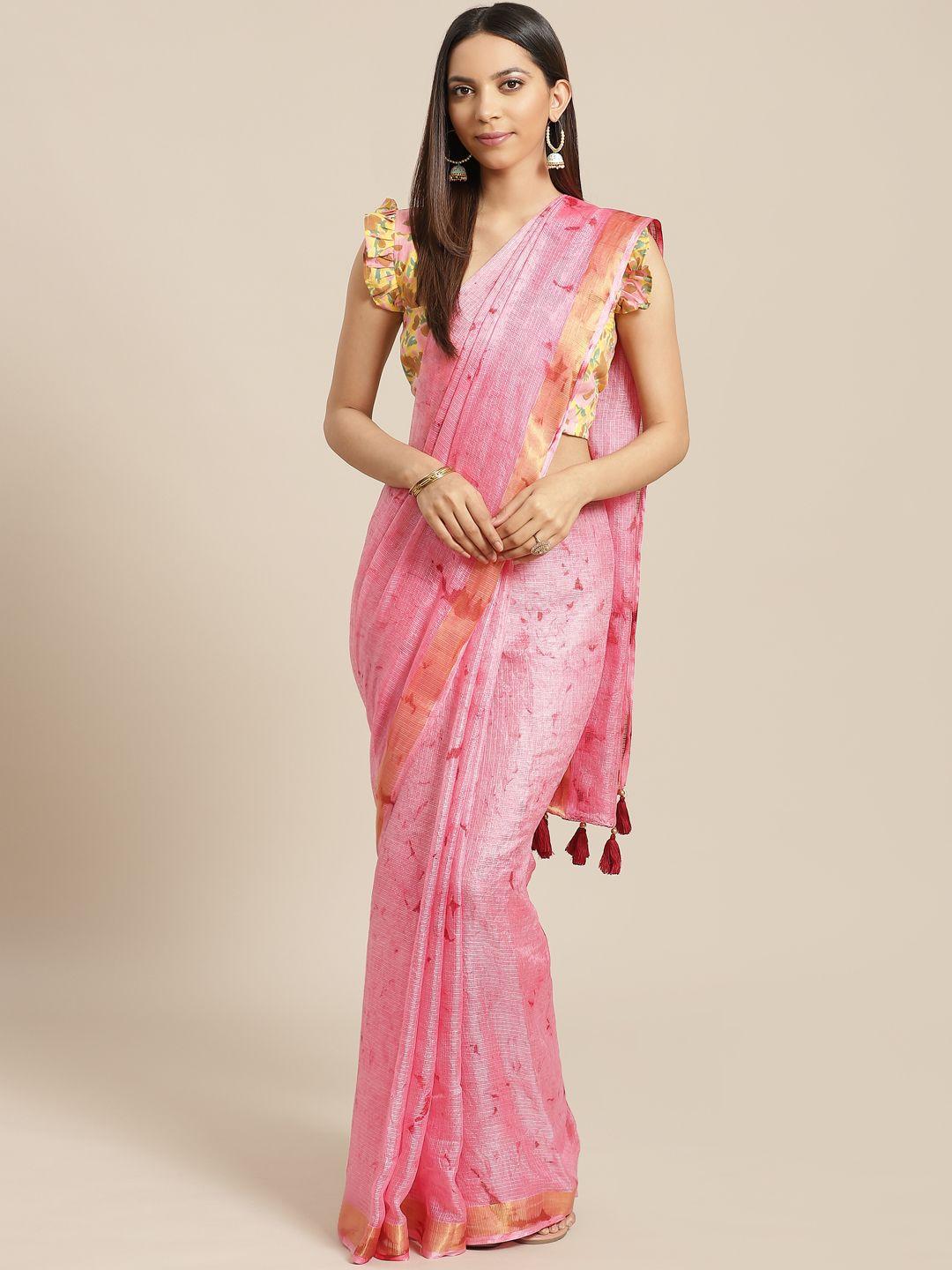 geroo jaipur hand dyed pink kota silk sustainable saree with hand block print blouse