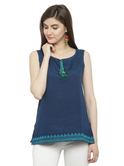 geroo jaipur hand embroidered navy blue solid pure cotton top