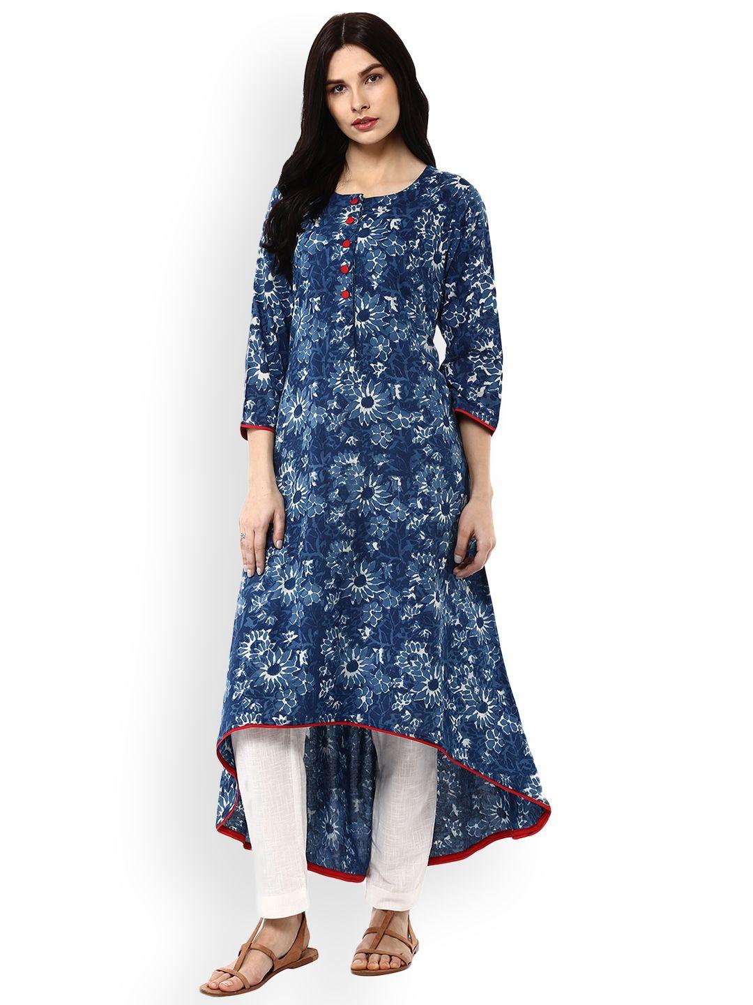 geroo jaipur indigo hand block printed asymmetrical  pure cotton kurta