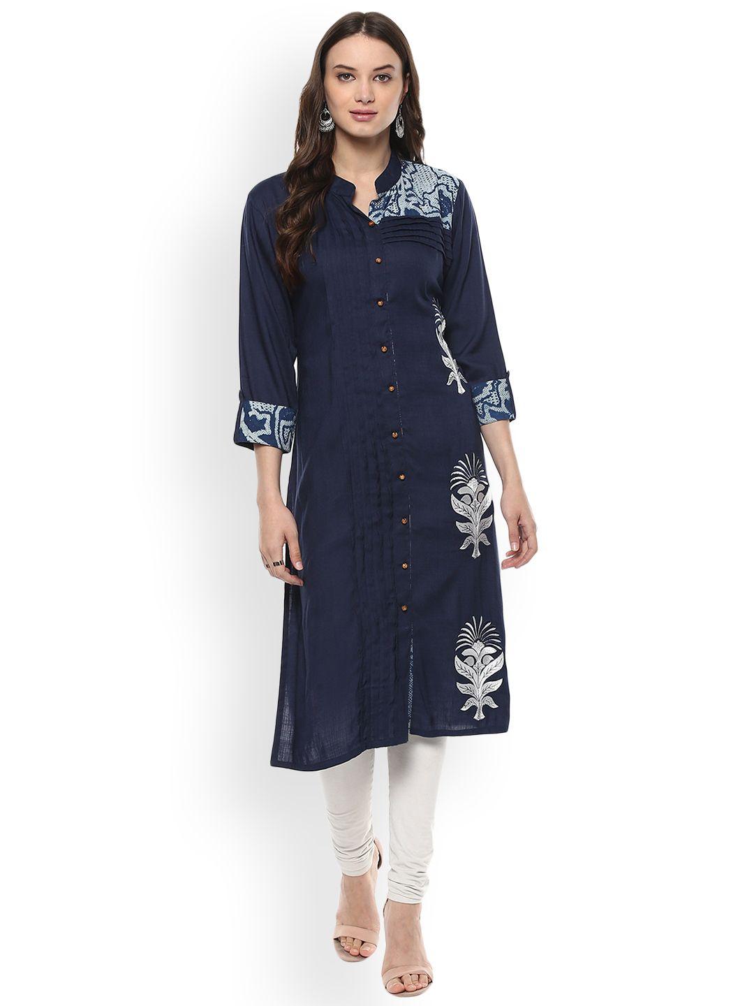 geroo jaipur indigo hand embroidered straight rayon kurta