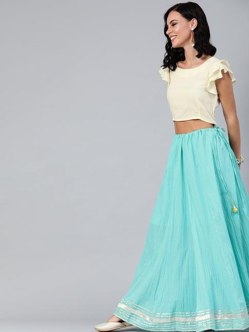 geroo jaipur ivory & blue cotton crop top skirt set