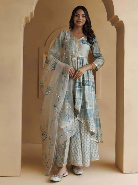 geroo jaipur light blue printed kurta and pant with handpainted organza dupatta