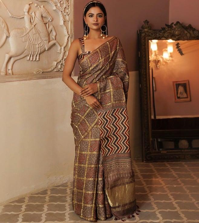 geroo jaipur light brown gharchola ajrakh handblock print zari silk saree