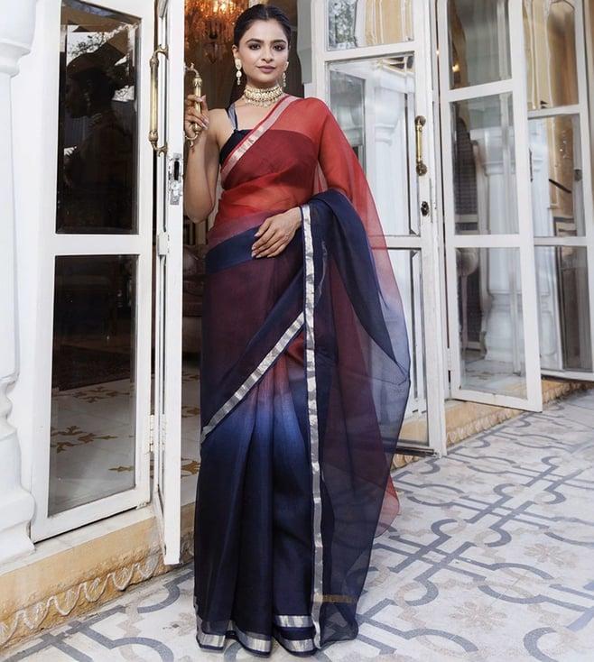 geroo jaipur maroon & dark blue pure kota silk hand dyed saree