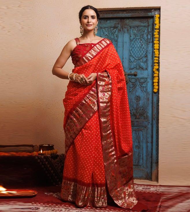 geroo jaipur maroon-orange bandhani zari woven silk saree