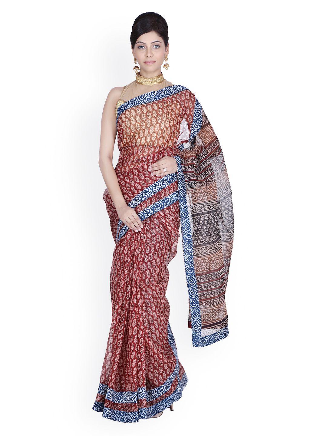 geroo jaipur maroon printed cotton traditional saree