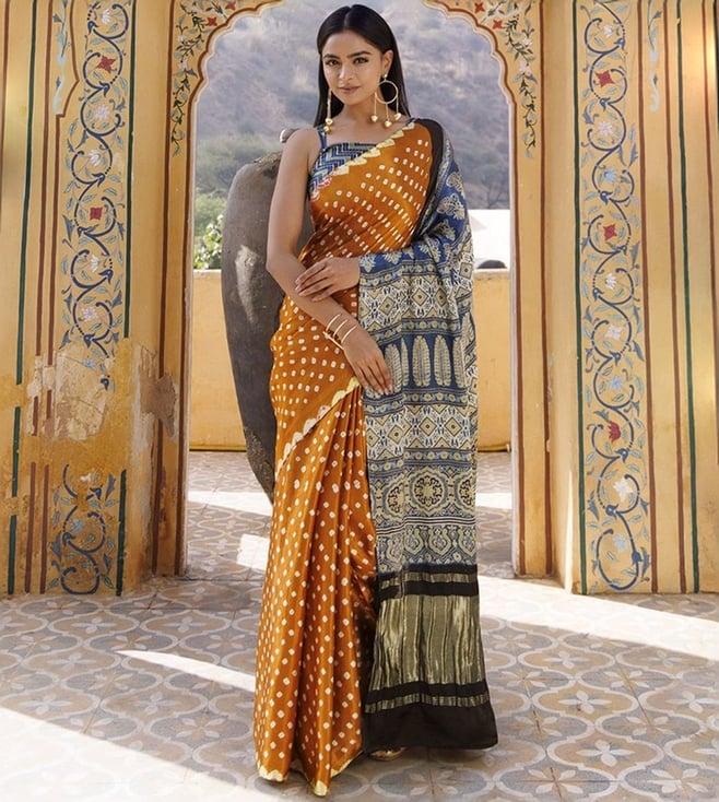 geroo jaipur mustard & blue bandhani silk saree with ajrakh zari pallu