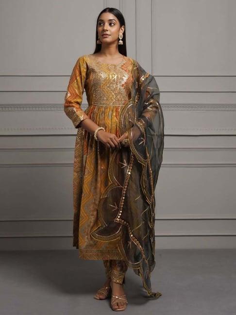 geroo jaipur mustard yellow silk embroidered bandhani kurta and pant with organza dupatta